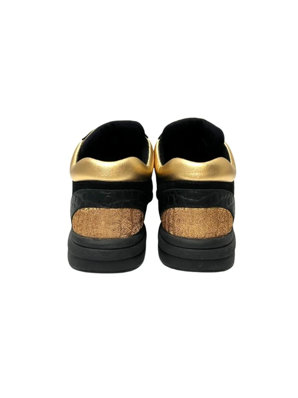 CHANEL Metallic Gold Fabric & Black Suede Leather Croc Embossed  CC Sneaker 8.5